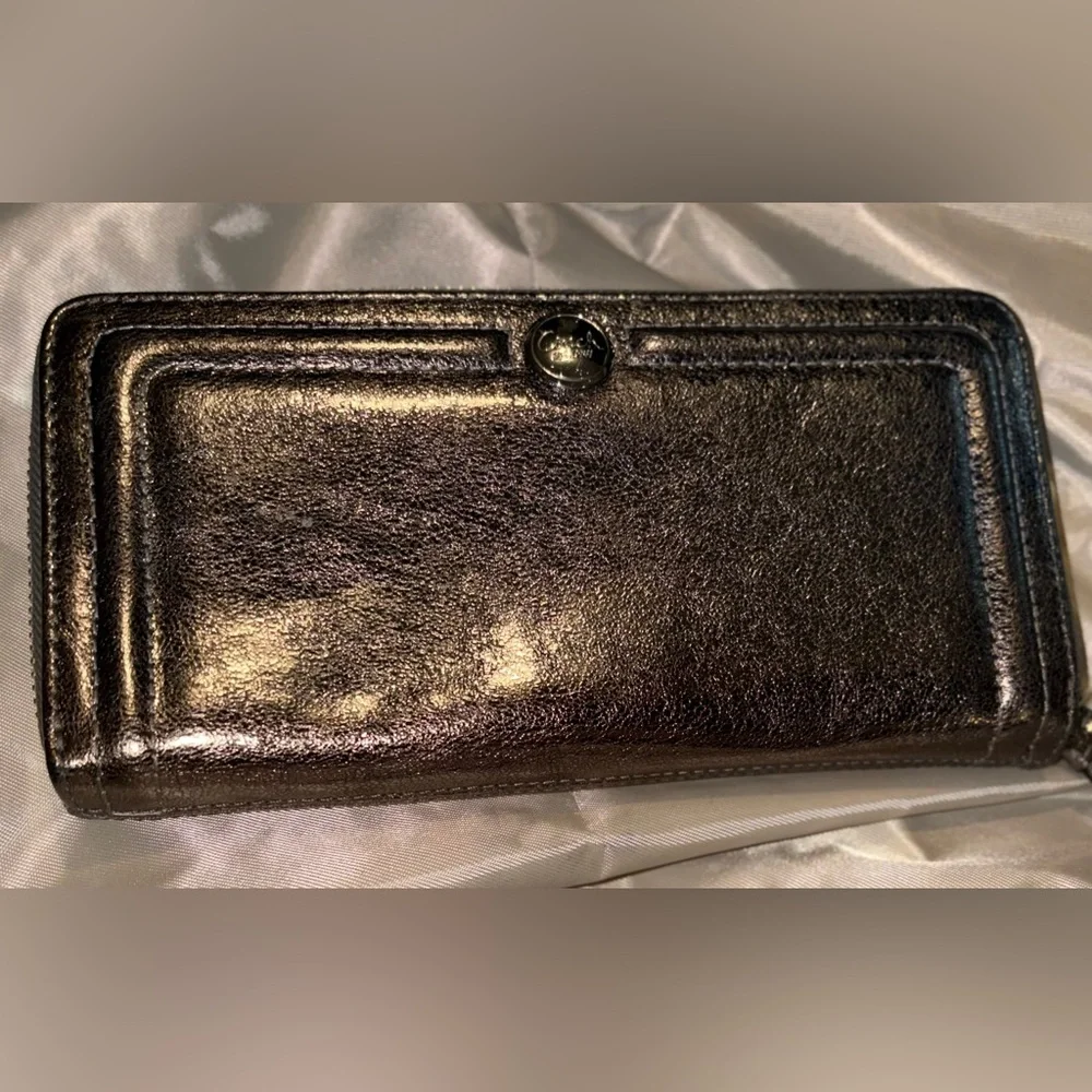 Coach Metallic Pewter Leather Zip Wallet